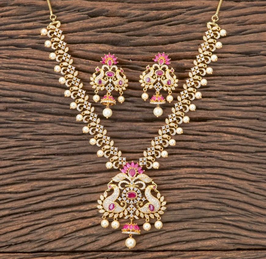 CZ Gold Plated Peacock Necklace set for women.