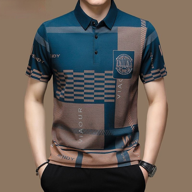 Short Sleeves Tops Pattern Print Button Men's Polo Shirt